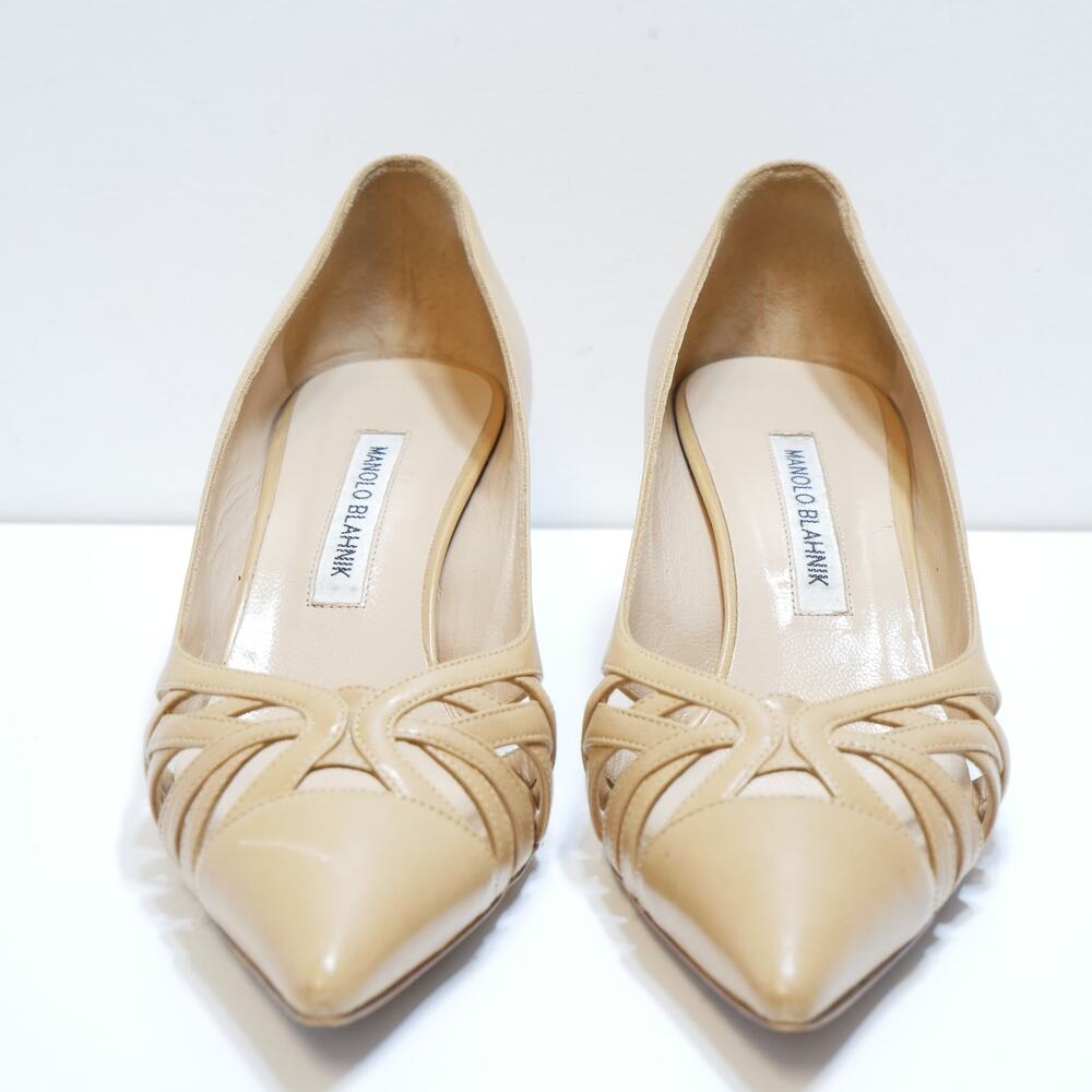 Manolo Blahnik Leather Italy Pump Heel Tan 38 7.5 - Picture 2 of 6